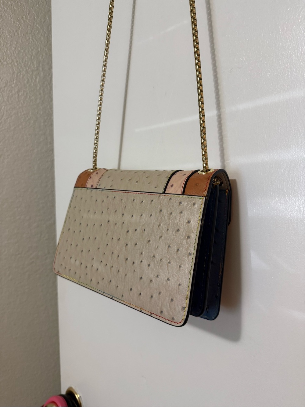Multi-Color Patchwork Ostrich Leather Shoulder Bag with Gold Chain - Picture 8 of 8